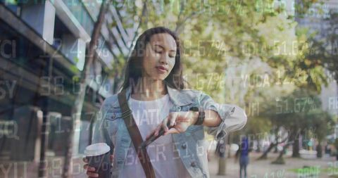Asian Woman on Street with Digital Stock Market Data Overlay