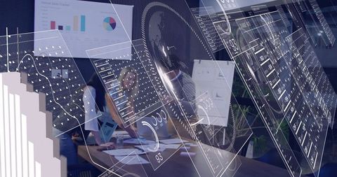 Reviewing augmented analytics dashboards in boardroom, team collaborating with ar data