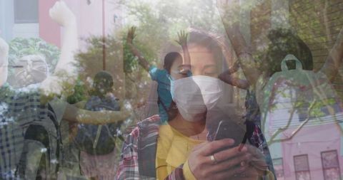 Asian Woman in Mask Using Smartphone Overlaid with Kids Playing Outdoors
