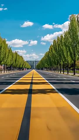 Advancing along yellow median toward modern building on tree-lined boulevard
