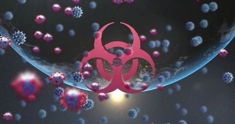 Floating Biohazard Symbol Amidst Cosmic Virus Swarm
