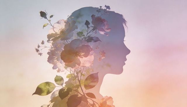 Female silhouette double exposure with roses in pastel dreamy gradient