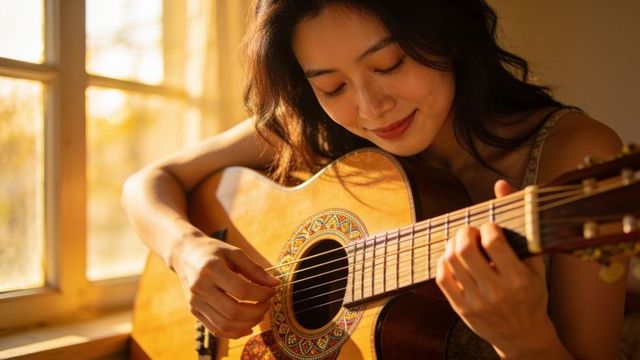 Woman strumming acoustic guitar beside sunlit window creating warm intimate musical moment