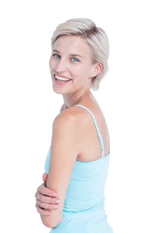Smiling Blonde Woman in Blue Top on Transparent Background