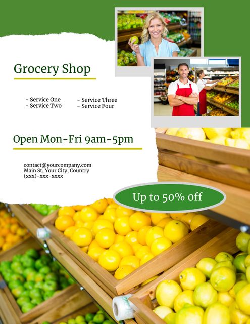This advertisement showcases an organic grocery shop with vibrant, fresh produce and friendly staff members ready to assist customers. Ideal for promoting organic food stores, healthy living, and retail shopping. Use it in flyers, social media campaigns, or online ads to attract customers who value freshness and quality.