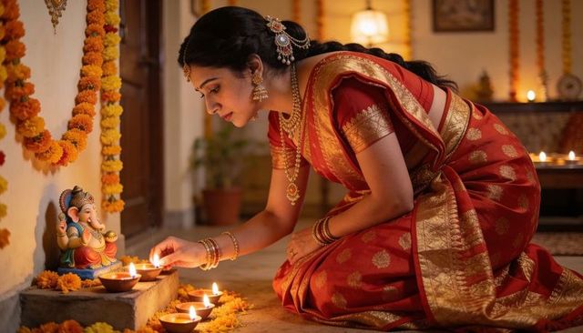 Woman in red saree lighting diyas for diwali puja with ganesh statue and marigold garlands