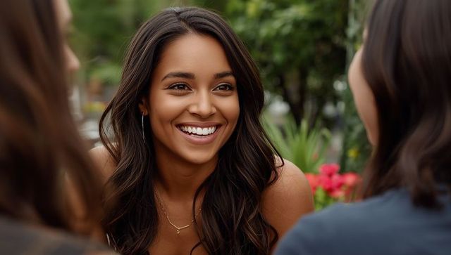 Joyful Woman Conversing at Outdoor Cafe with Friends