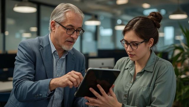 Senior mentor guiding young professional on tablet in modern office collaboration
