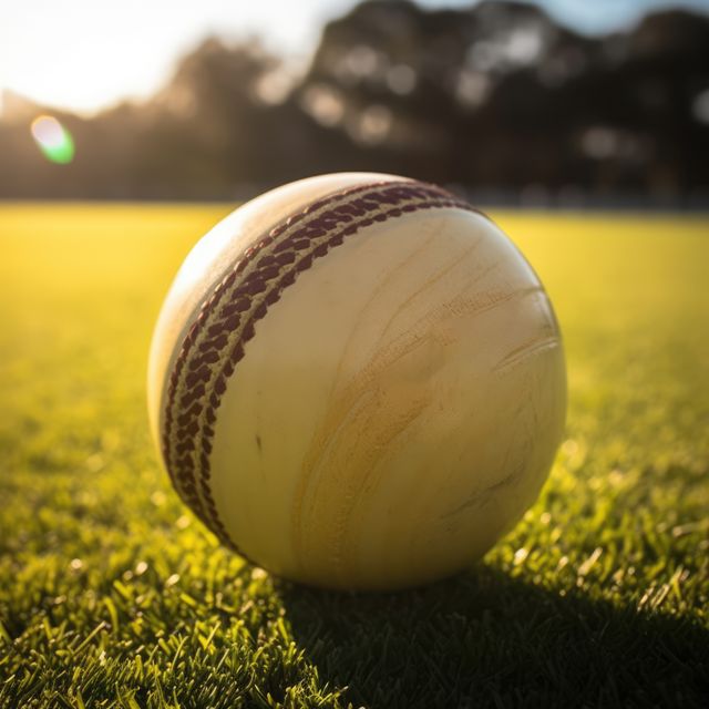 Close-up view of a cricket ball resting on a grass field, with sunlight illuminating the scene. The texture and stitches of the ball are clearly visible. Ideal for use in sports marketing, advertising for cricket events, or illustrating cricket-related editorial content.