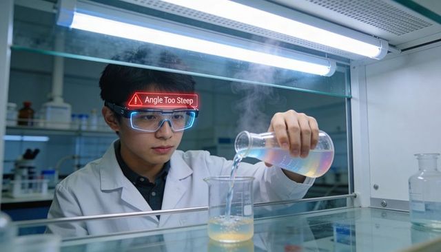 Scientist pouring iridescent reagent in fume hood featuring ar safety warning overlay