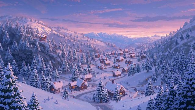 Twilight snowy alpine village with glowing cabins, winding road and pine-covered hills