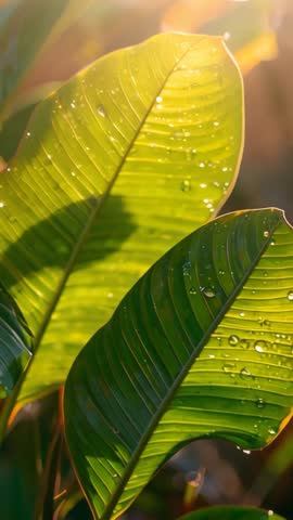 Vertical video showing dew-kissed tropical leaves swaying in golden sunlight
