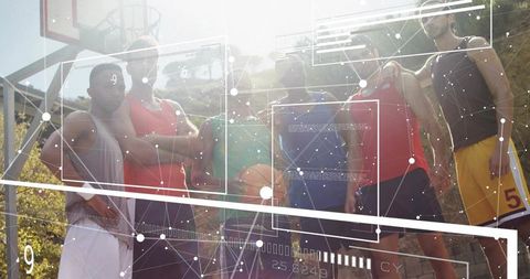 Sunlit basketball team posing on outdoor court with augmented reality overlays