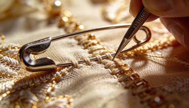 Craftsperson repairing delicate gold-thread embroidery with tweezers and safety pin
