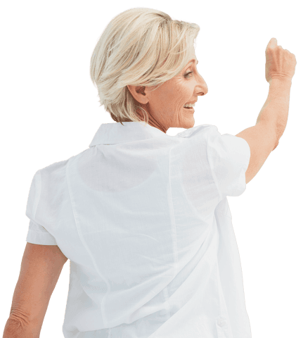 Transparent mature woman facing away and smiling
