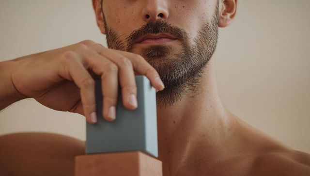 Bearded man stacking blue block on terracotta block, close-up jawline, hands, bare chest