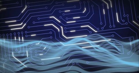 Futuristic circuit board design with flowing blue waveforms