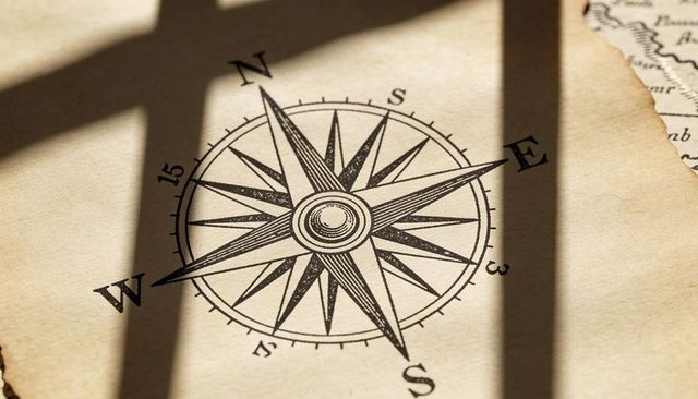Printed compass rose resting on aged parchment map with torn edge and window shadows