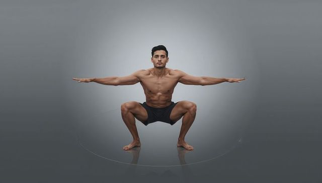 Muscular man squatting with arms extended demonstrating core strength balance and symmetry