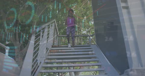 Fit Woman Descending Stairs with Dynamic Business Data Overlay