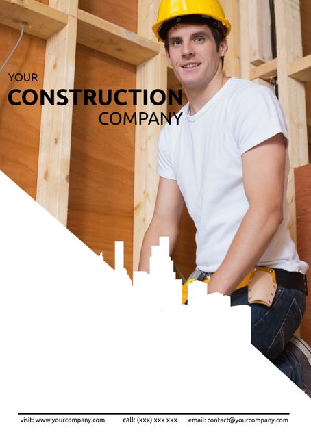 Smiling construction worker wearing hard hat and tool belt symbolizes reliable building services. Effective for marketing construction companies, advertising reliability and professionalism in construction industry, and showcasing worker safety.