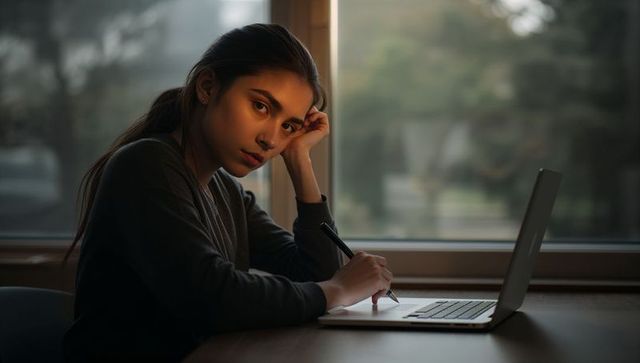 Asian woman writing at laptop by window at dusk, gazing contemplatively, home office