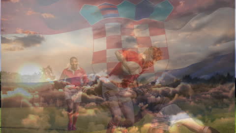 Rugby Players in Action with Croatian Flag Overlay Dramatic Sunset