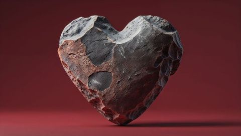 Heart-shaped rock with unique texture floating on red background
