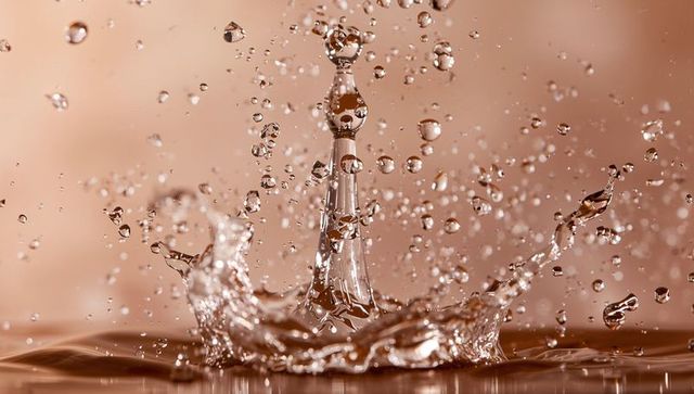 Freezing water droplet column rising with crown splash sepia bronze macro high-speed