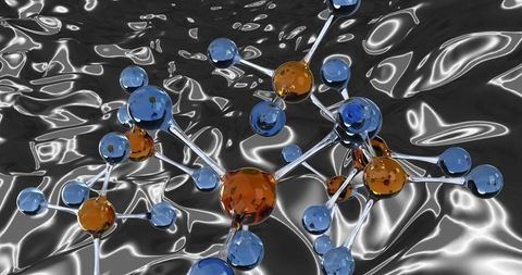 Abstract molecules floating over reflective silver liquid