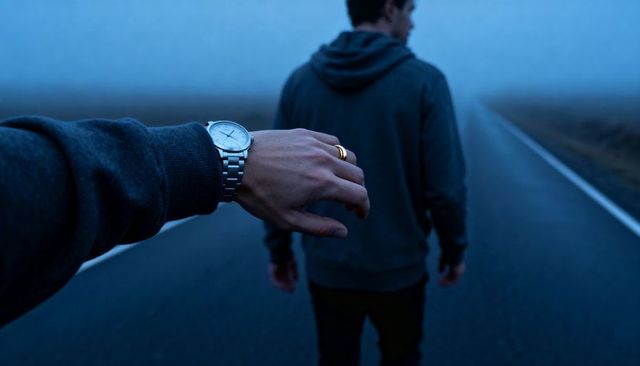 Reaching hand grabbing hoodie man walking foggy rural road at dusk with watch and ring