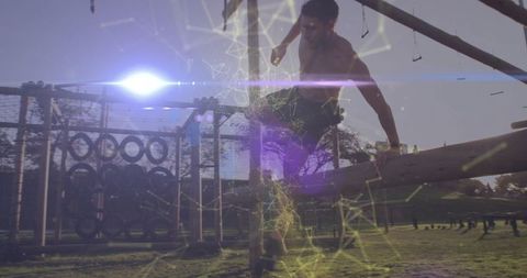 Dynamic athlete scaling obstacle in park with digital overlay