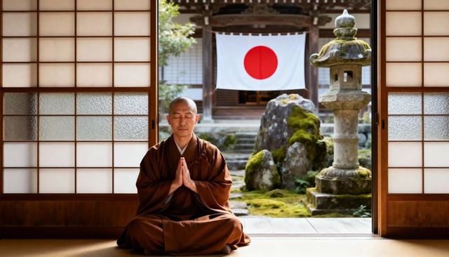 Zen monk meditating on tatami in temple doorway with Japanese flag, stone lantern and moss garden