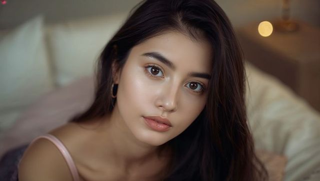 Reclining woman directing gaze with dewy skin, soft boudoir lighting and warm bokeh