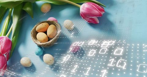 Spring tulips with speckled eggs in woven nest and digital binary overlay on pastel blue