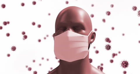 3D Rendering of Person Wearing Protective Face Mask with Covid-19 Particles