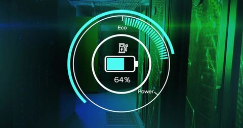 Data center energy hud overlay showing 64% battery charge over server aisle green tech