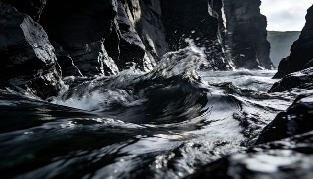 Waves crashing and spray flying against dark basalt cliffs in narrow coastal channel