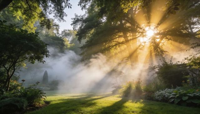 Sunbeams streaming through tree canopy over misty garden clearing at dawn