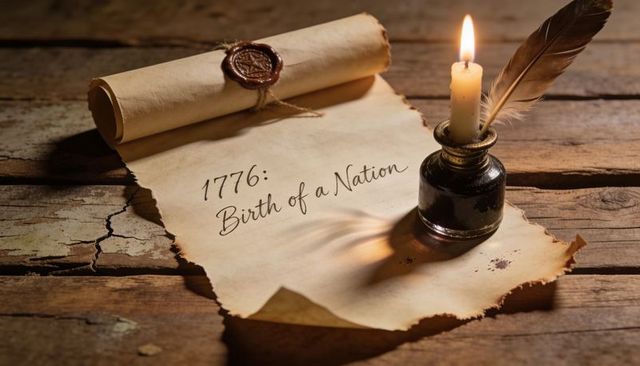 1776 birth of nation candlelit parchment with quill and wax seal on rustic wood