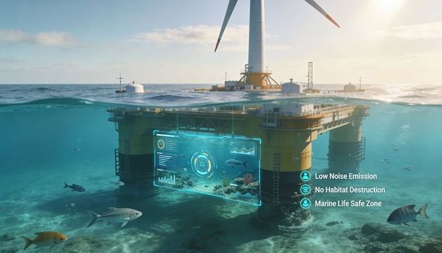 Floating offshore wind platform monitoring marine habitat with underwater digital display