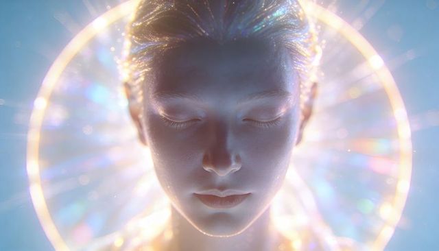 Ethereal female-presenting portrait with luminous halo, dewy skin and iridescent dreamy glow