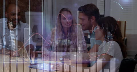 Business Team Analyzing Financial Data amidst Digital Graphics