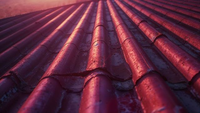 Glistening Red Corrugated Metal Roof at Sunrise