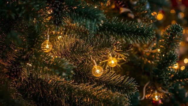 Warm Globe Lights Glowing on Evergreen Branch with Pinecone, Needles and Cozy Bokeh