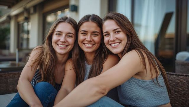 Three friends smiling and leaning toward camera on patio casual summer terrace hangout