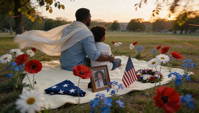 Father embracing child at sunset memorial picnic with folded flag, american flag and wreath