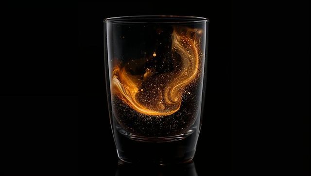 Swirling golden liquid in glass tumbler glowing with amber glitter against black background