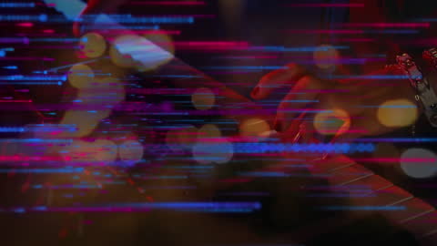 Hands on Keyboard with Futuristic Digital Data Overlay