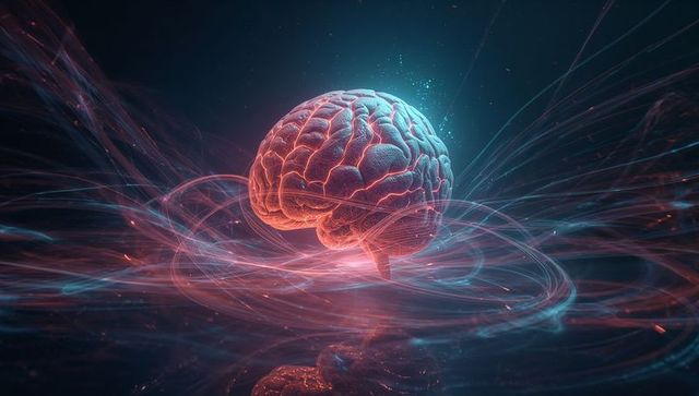 3D Futuristic Digital Brain with Neon Light Trails and Particles